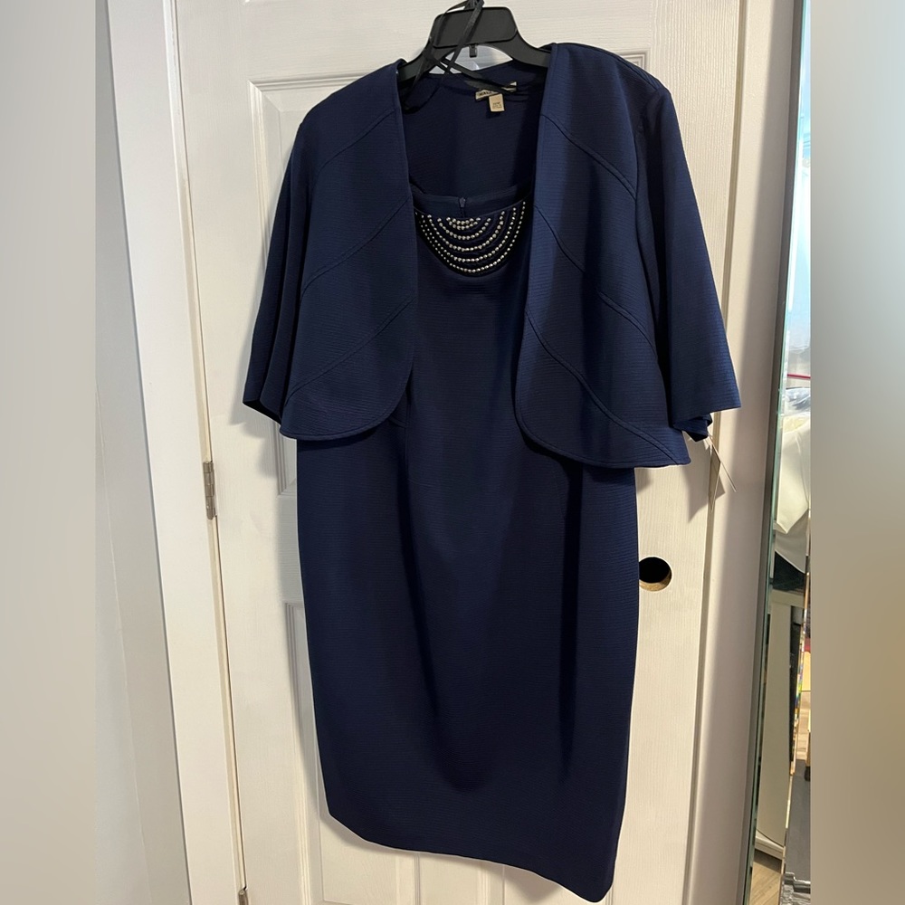 Navy midi dress with jacket.